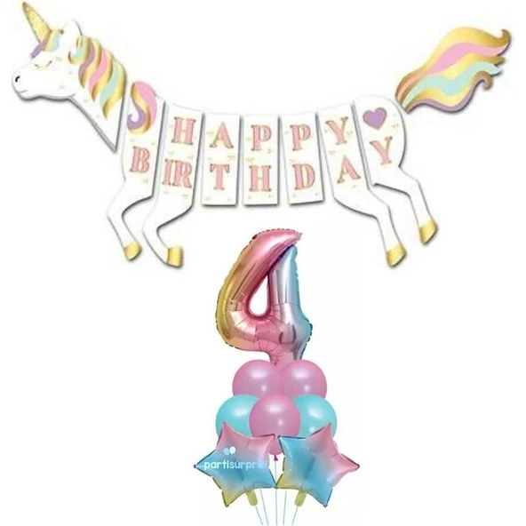 Parti Sürprizi Unicorn 4 Yaş Happy Birthday Gökkuşağı ürün görseli