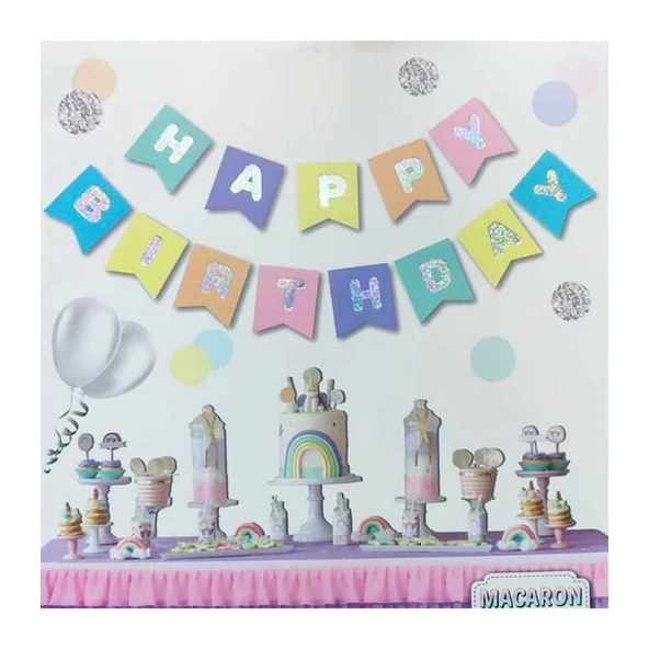Parti Sürprizi Macaron Renkler Hologram Happy Birthday Afiş ürün görseli