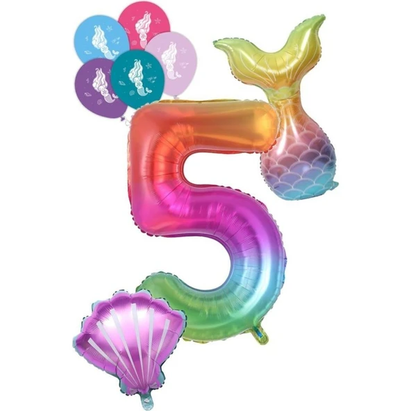 Parti Sürprizi 5 Rakam Gökkuşağı Deniz Kızı Folyo Balon Seti - 1