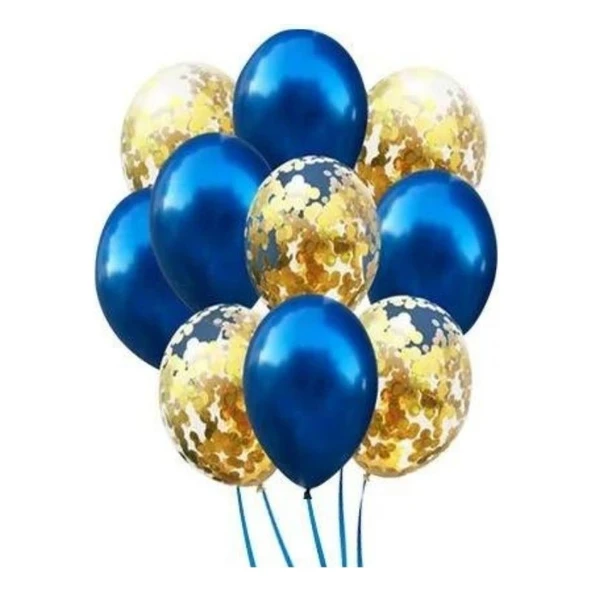 Parti Sürprizi Mavi Metalik Gold Konfetili Latex Balon 10 Adet ürün görseli