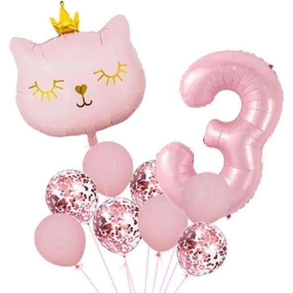 Parti Sürprizi Taçlı Pembe Kedi 3 Yaş Folyo Balon Set ürün görseli