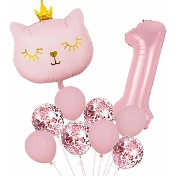 Parti Sürprizi Taçlı Pembe Kedi 1 Yaş Folyo Balon Set ürün görseli
