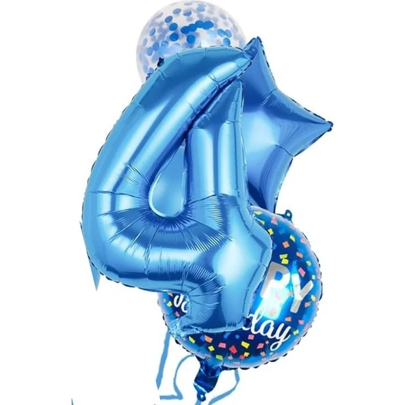 Parti Sürprizi Mavi 4 Yaş Happy Birthday Konfetili Balon Set ürün görseli