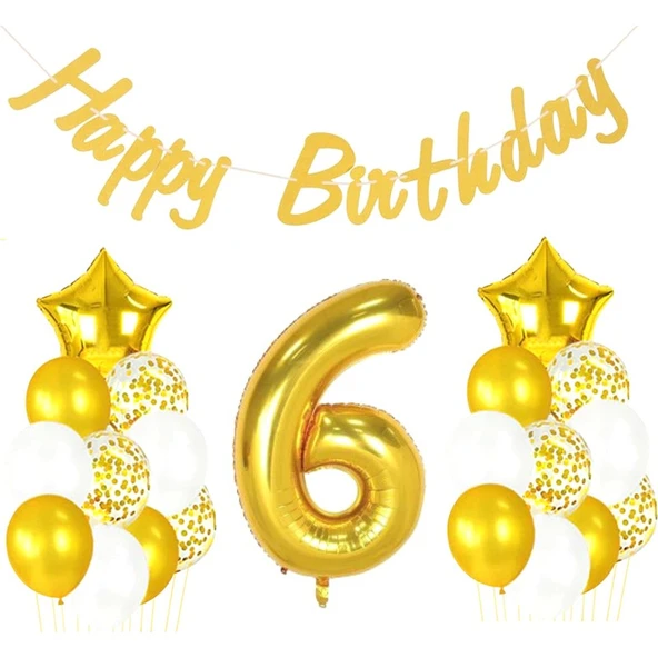 Parti Sürprizi 6 Yaş Altın Happy Birthday Set ürün görseli