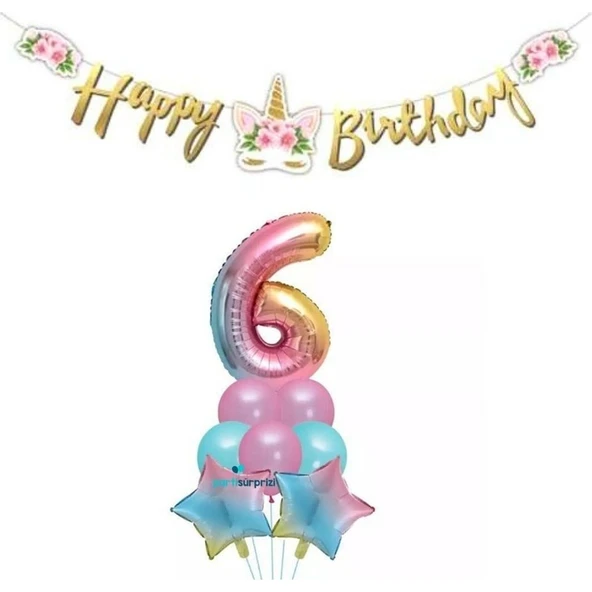 Parti Sürprizi Çiçekli Unicorn 6 Yaş Gökkuşağı Balon Set ürün görseli