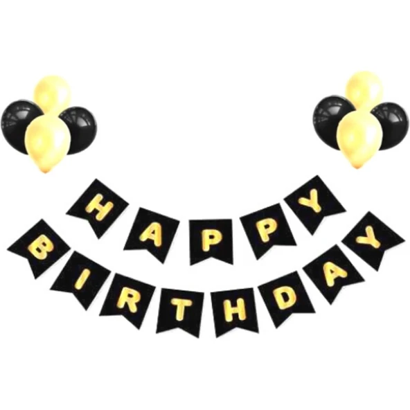 Parti Sürprizi Siyah Üzeri Gold Baskılı Happy Birthday Balonlu Set ürün görseli