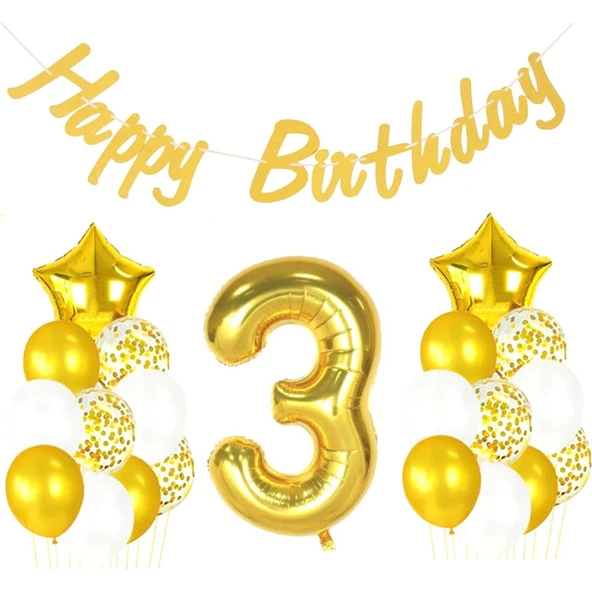 Parti Sürprizi 3 Yaş Altın Happy Birthday Set ürün görseli