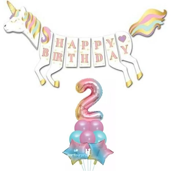 Parti Sürprizi Unicorn 2 Yaş Happy Birthday Gökkuşağı ürün görseli