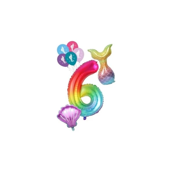 Parti Sürprizi 6 Rakam Gökkuşağı Deniz Kızı Folyo Balon Seti ürün görseli