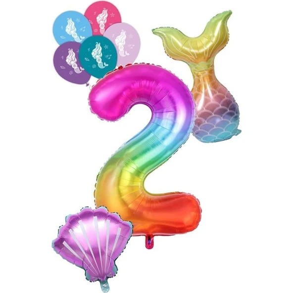Parti Sürprizi 2 Rakam Gökkuşağı Deniz Kızı Folyo Balon Seti ürün görseli