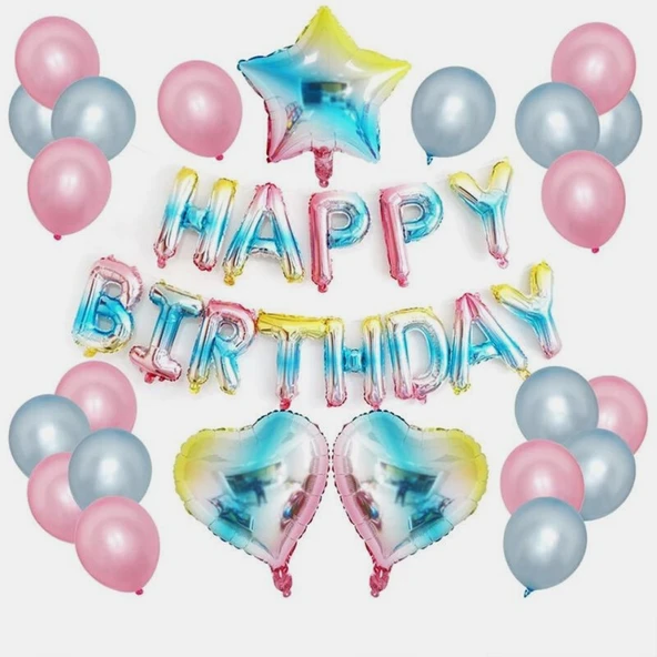 Parti Sürprizi Unicorn Makaron Gökkuşağı Happy Birthday Balon Set - 1
