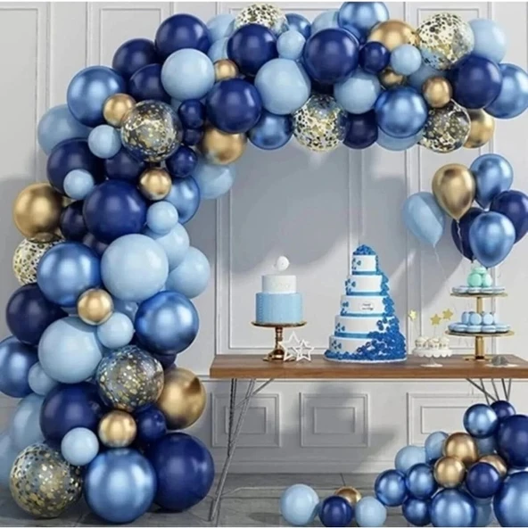 Parti Sürprizi Doğum Günü Balon Zincir Seti Mavi, Lacivert, Metalik Gold, Şeffaf 65 Adet Balon ürün görseli