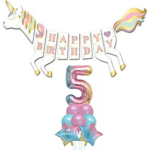 Parti Sürprizi Unicorn 5 Yaş Happy Birthday Gökkuşağı ürün görseli