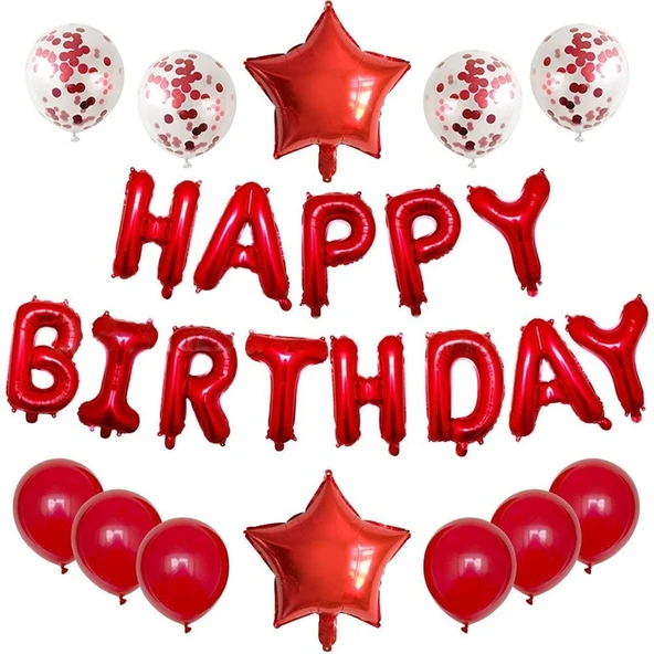 Parti Sürprizi Kırmızı Happy Birthday Folyo Balon Set ürün görseli