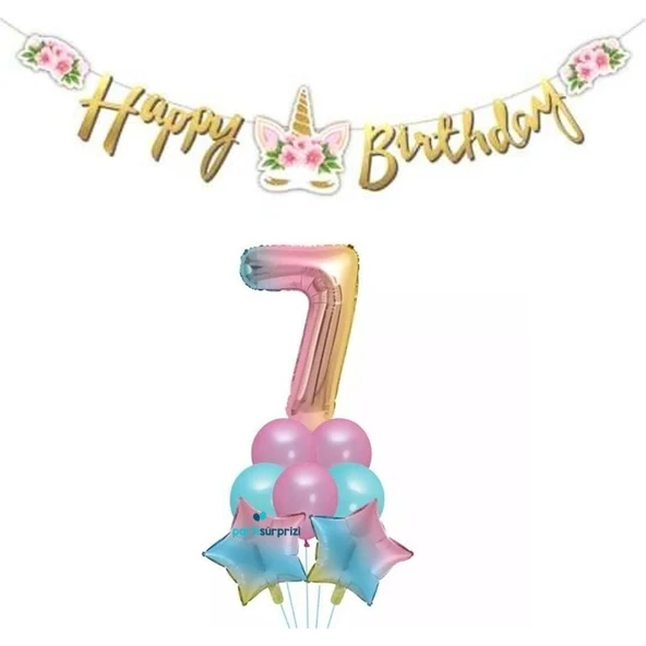 Parti Sürprizi Çiçekli Unicorn 7 Yaş Gökkuşağı Balon Set ürün görseli