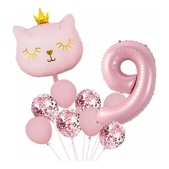 Parti Sürprizi Taçlı Pembe Kedi 9 Yaş Folyo Balon Set ürün görseli
