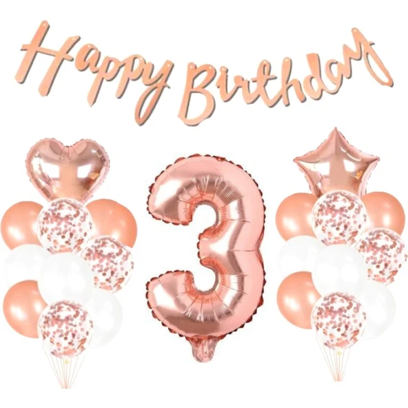 Parti Sürprizi 3 Yaş Rose Gold Happy Birthday Set ürün görseli