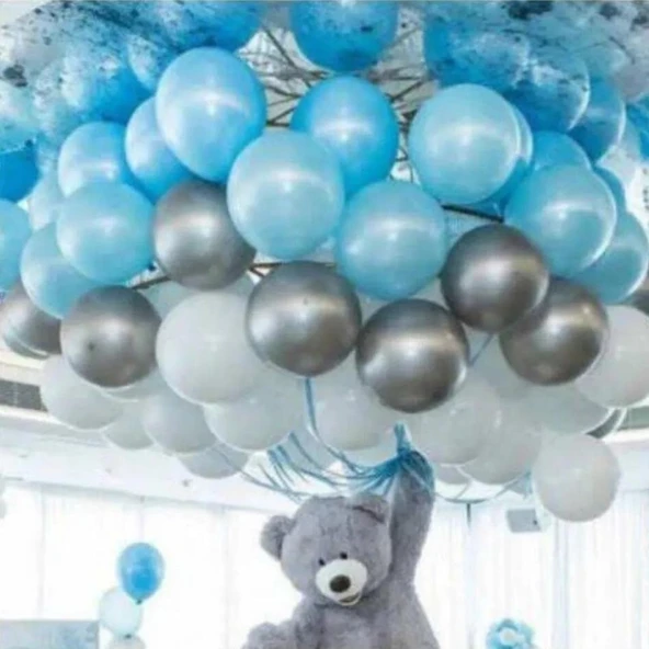 Parti Sürprizi 50 Adet Açık Mavi-Beyaz-Gümüş Metalik Balon 5 mt Balon Zinciri Parti Balon Seti ürün görseli