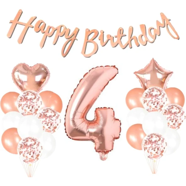 Parti Sürprizi 4 Yaş Rose Gold Happy Birthday Set ürün görseli
