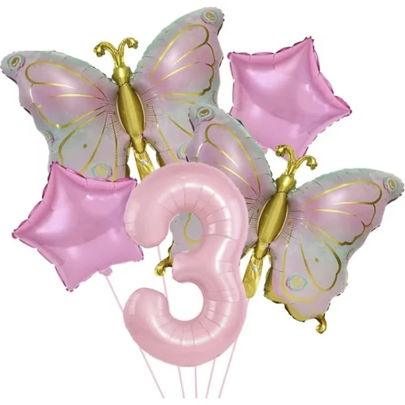 Parti Sürprizi Gold Kelebekli Pembe 3 Yaş Rakam Balon Set ürün görseli