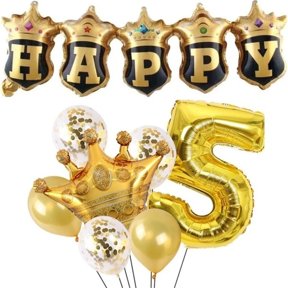 Parti Sürprizi Happy Yazılı Gold Konfetili 5 Yaş Rakam Balon Set ürün görseli