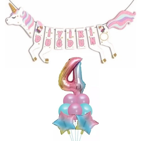 Parti Sürprizi Şekilli Unicorn 4 Yaş Iyi Ki Doğdun Gökkuşağı Balonlu Set ürün görseli