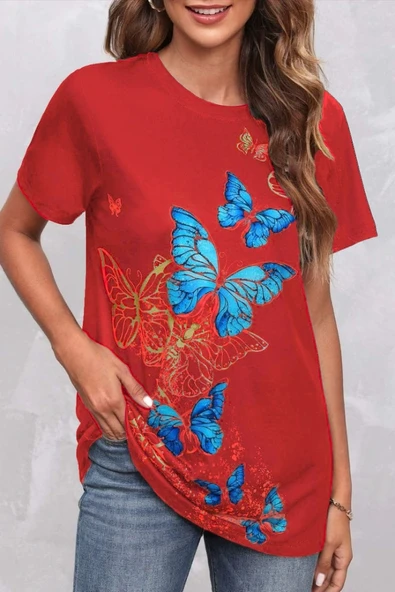 Kadın Kısa Kollu Mavi Sarı Kelebek Baskı Süprem Bluz - Resim 6