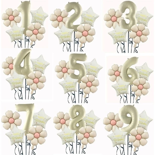 Parti Sürprizi Krem Papatya 1 Yaş Happy Birthday Yıldız Rakam Folyo Balon Set - 2