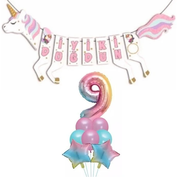 Parti Sürprizi Şekilli Unicorn 9 Yaş Iyi Ki Doğdun Gökkuşağı Balonlu Set ürün görseli