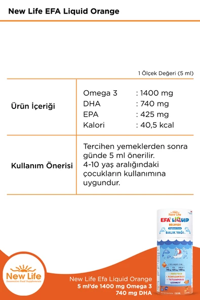 New Life Efa Liquid Orange Balık Yağı 150 ml - 1400mg Omega 3 - 740mg DHA - 425mg EPA - 2