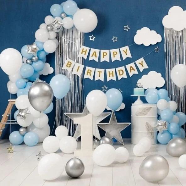 Parti Sürprizi Mavi-Gri- Beyaz Doğum Günü Balon Seti ürün görseli