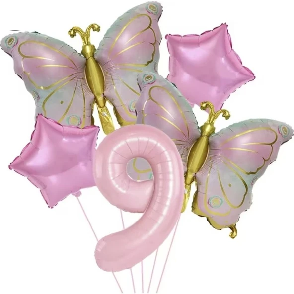 Parti Sürprizi Gold Kelebekli Pembe 9 Yaş Rakam Balon Set ürün görseli