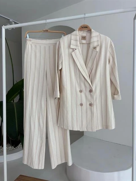 Blazer Ceketli Çizgili Keten Takım 10186 - Resim 12