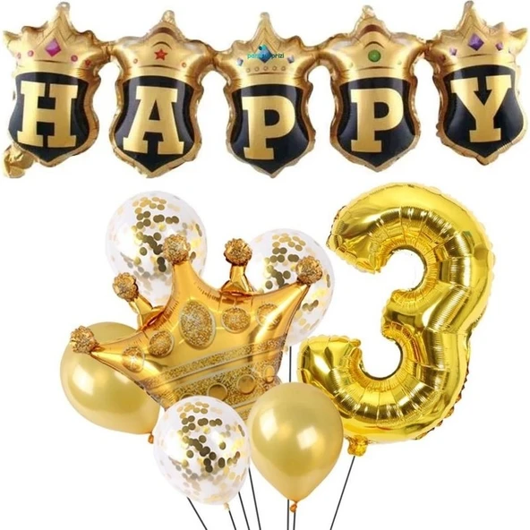 Parti Sürprizi Happy Yazılı Gold Konfetili 3 Yaş Rakam Balon Set ürün görseli