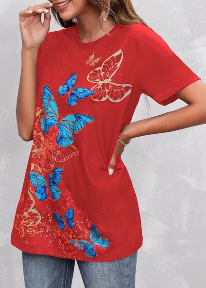 Kadın Kısa Kollu Mavi Sarı Kelebek Baskı Süprem Bluz - Resim 5