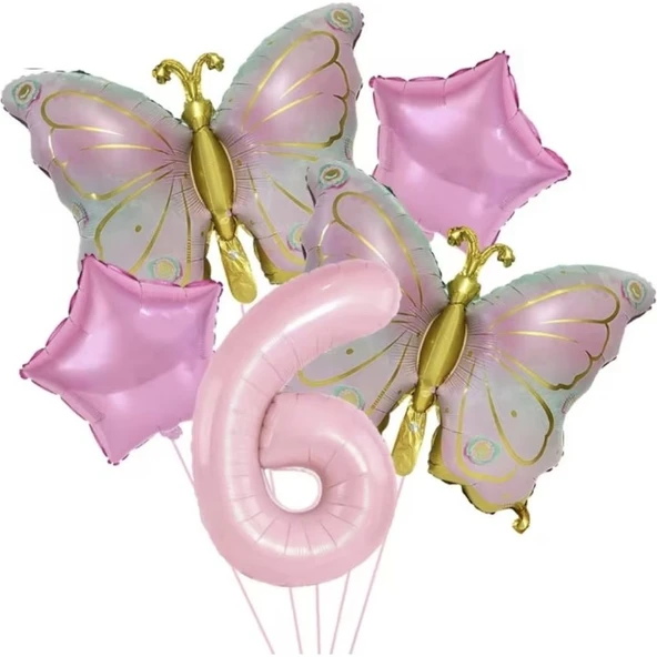 Parti Sürprizi Gold Kelebekli Pembe 6 Yaş Rakam Balon Set ürün görseli