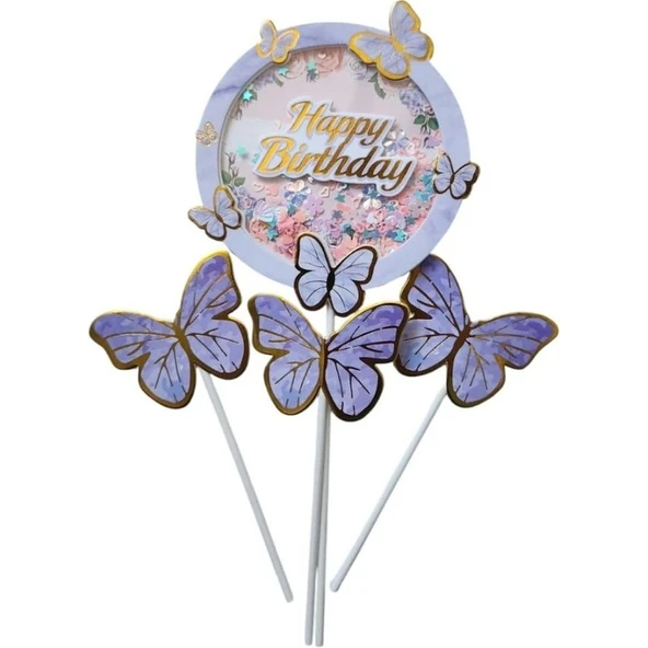 Parti Sürprizi Mor Gold Kelebek Happy Birthday Pasta Kürdan Set - 1