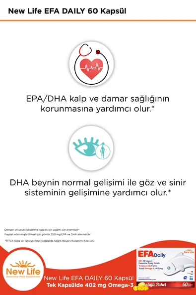 New Life Efa Daily 60 Balık Yağı Kapsülü - 402mg Omega3 - 221mg EPA - 147mg DHA - Resim 4