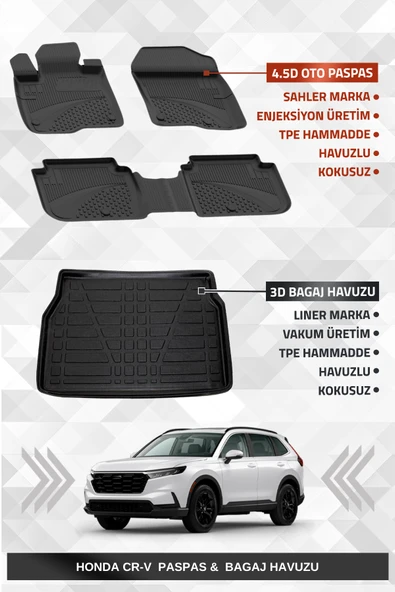 Sahler Honda CR-V 2024+ Uyumlu 4.5D Premium Havuzlu Oto Paspas ve Liner Marka 3D Bagaj Havuzu