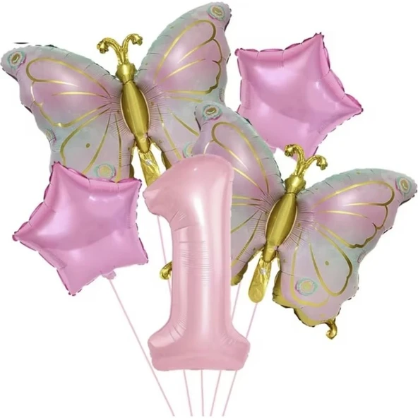 Parti Sürprizi Gold Kelebekli Pembe 1 Yaş Rakam Balon Set ürün görseli