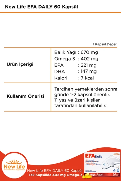 New Life Efa Daily 60 Balık Yağı Kapsülü - 402mg Omega3 - 221mg EPA - 147mg DHA - Resim 2