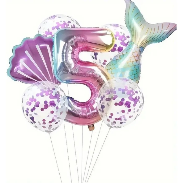 Parti Sürprizi Deniz Kızı Kuyruğu Mor Konfetili 5 Yaş Folyo Balon Set ürün görseli