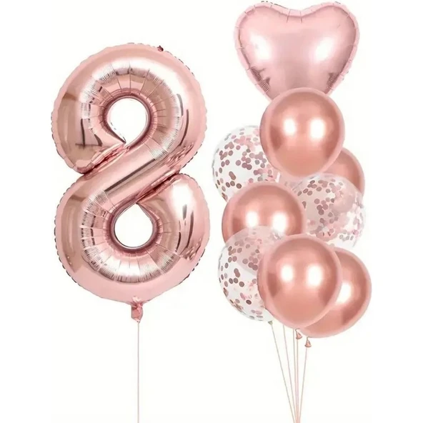 Parti Sürprizi Rose Gold Kalpli 8 Yaş Folyo Balon Set ürün görseli