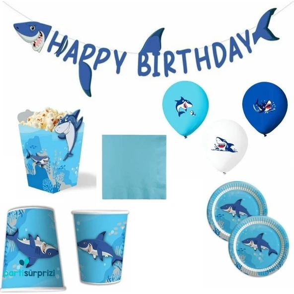 Parti Sürprizi Köpek Balığı Teması 8 Kişilik Happy Birthday Parti Seti ürün görseli