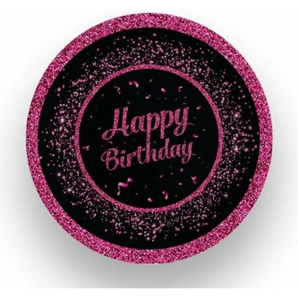 Parti Sürprizi Pembe Siyah Happy Birthday Karton Tabak 8 Adet ürün görseli