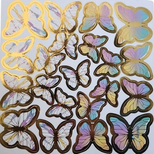 Parti Sürprizi Macaron Renkli Gold Varaklı Kelebek Pasta Dekor Süs 42 Adet ürün görseli