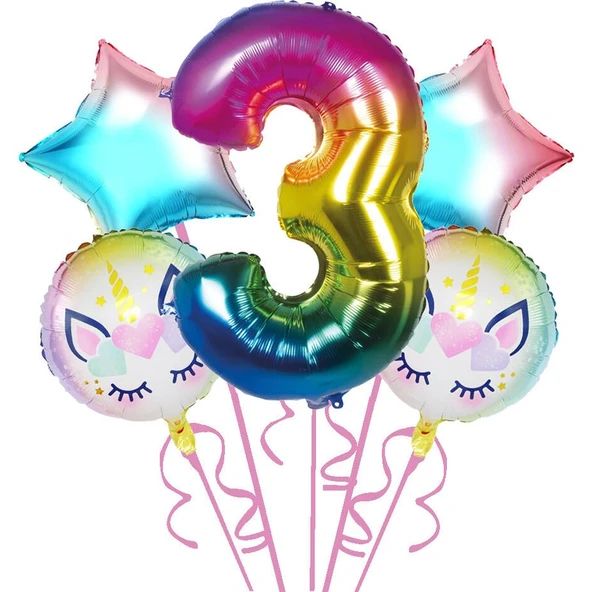 Parti Sürprizi Gökkuşağı Unicorn 3 Yaş Folyo Balon 5 Li Set - 1