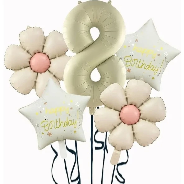Parti Sürprizi Krem Papatya 8 Yaş Happy Birthday Yıldız Rakam Folyo Balon Set ürün görseli