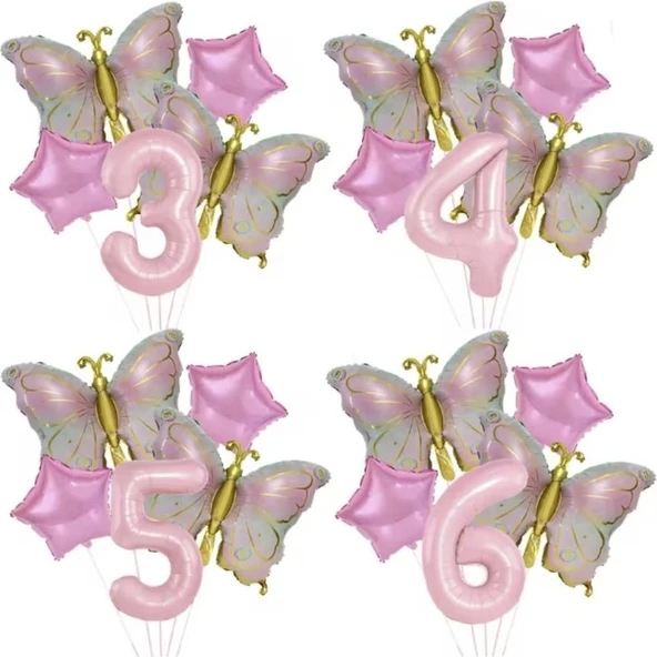 Parti Sürprizi Gold Kelebekli Pembe 9 Yaş Rakam Balon Set - Resim 2