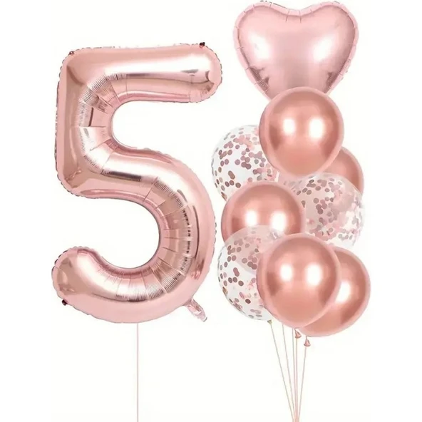 Parti Sürprizi Rose Gold Kalpli 5 Yaş Folyo Balon Set - 1